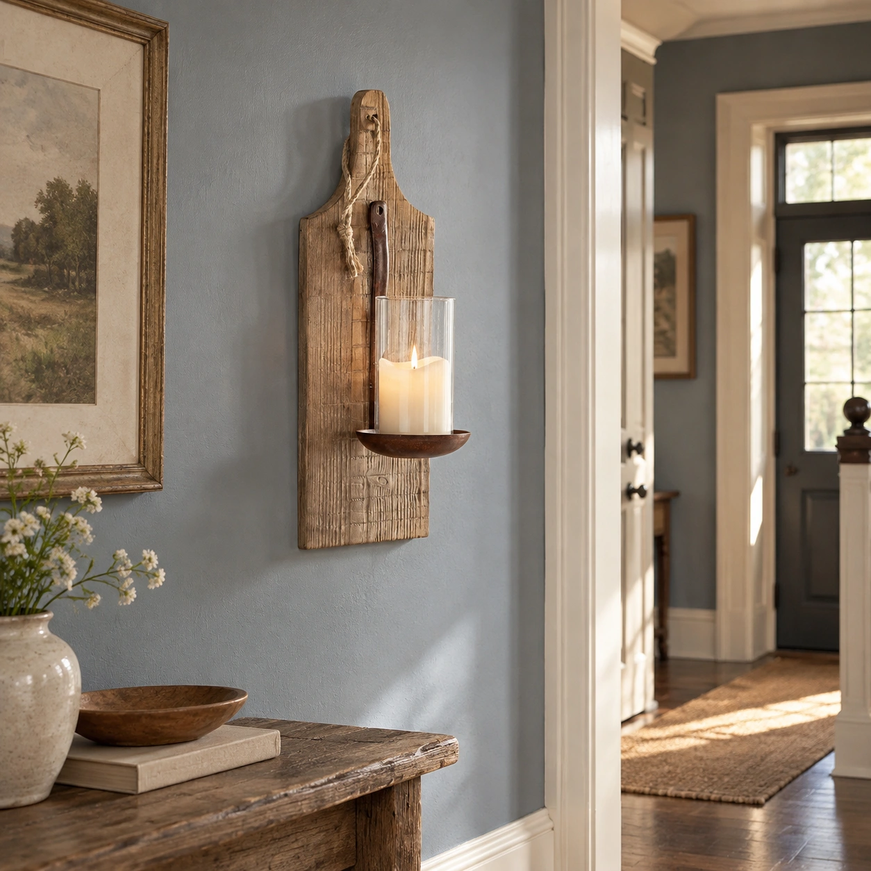 Amelia Vintage Carved Wood Wall Sconce in a residential interior