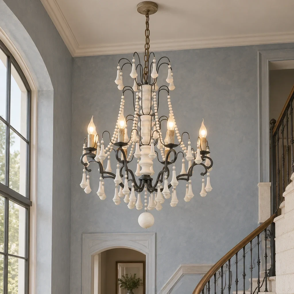 Merritt French Country Beaded Wood Chandelier with Eight Lights in a blue-gray stair landing