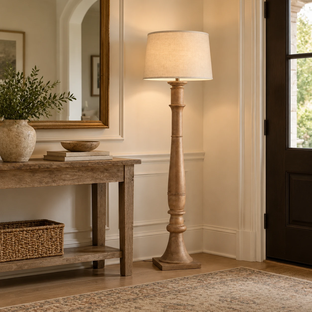 Vera Rustic Carved Wood Floor Lamp in a residential interior
