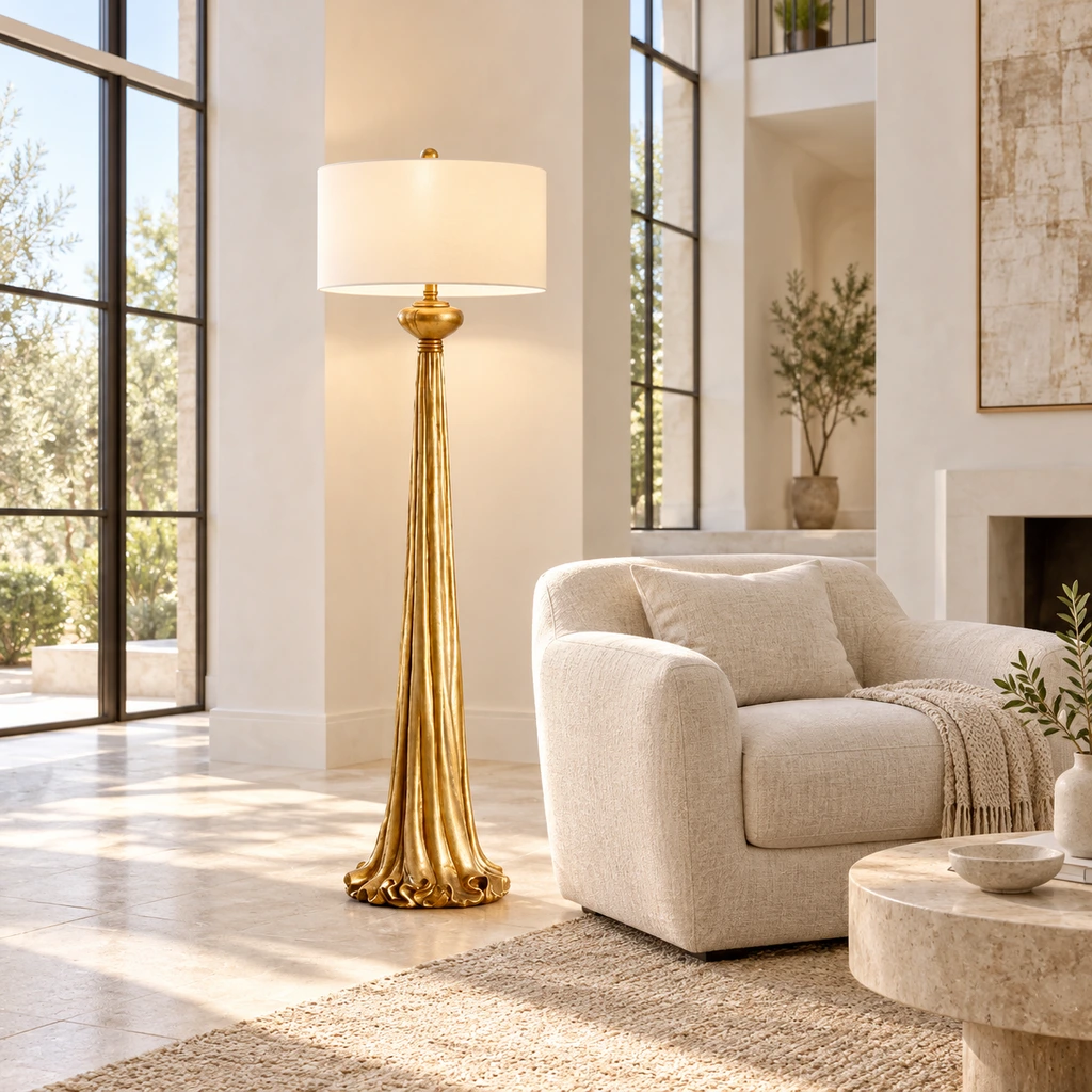 Carved gold floor lamp in a bright high-ceiling living room