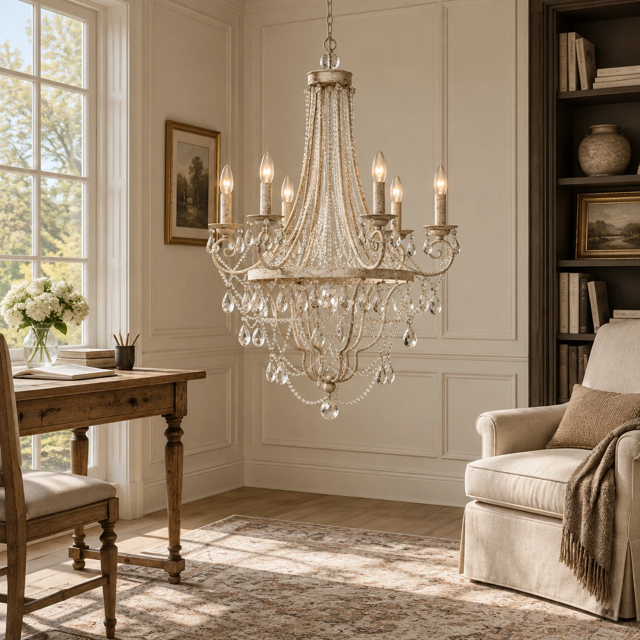 Maeve French Crystal Iron Chandelier in a residential interior