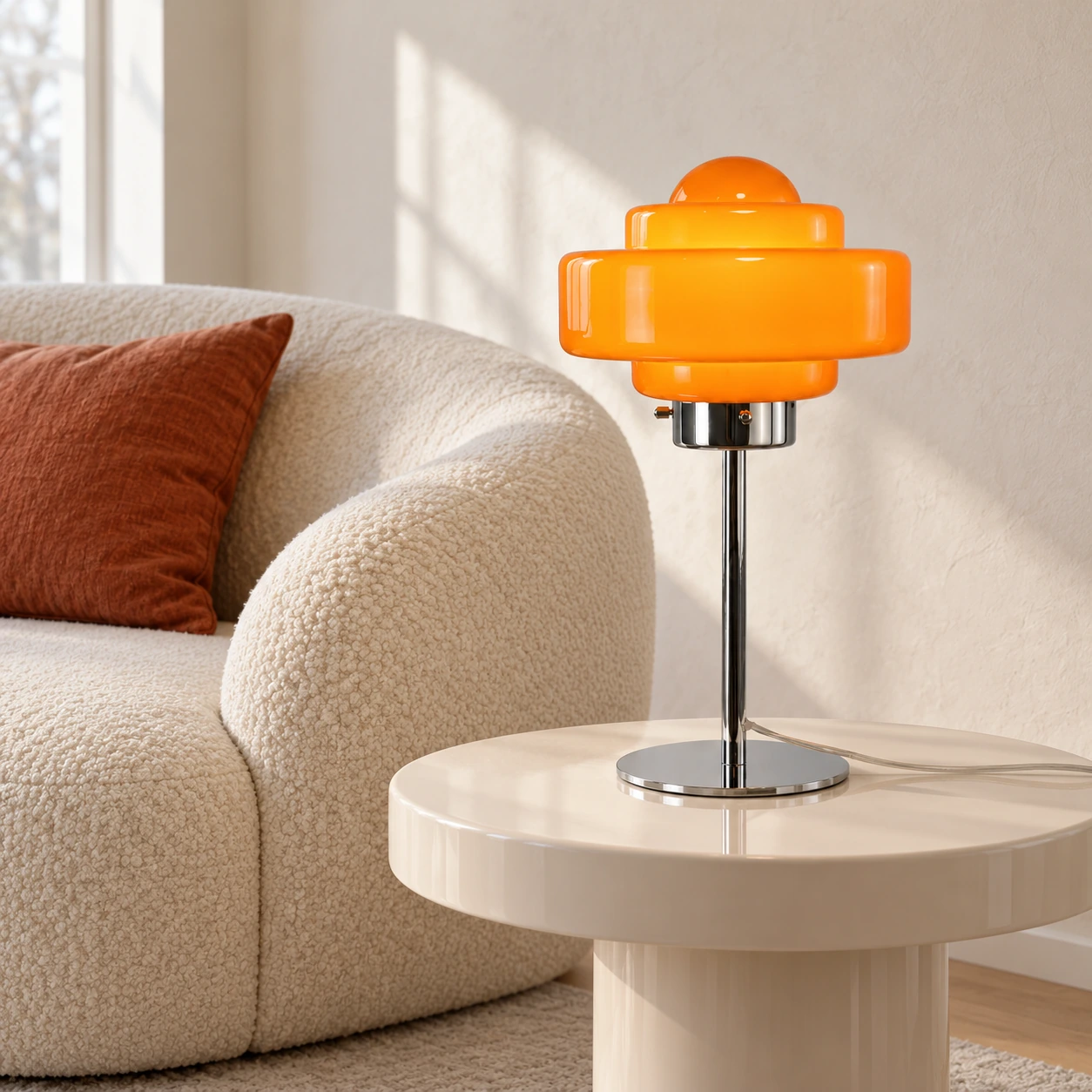 Orange glass table lamp in a living room