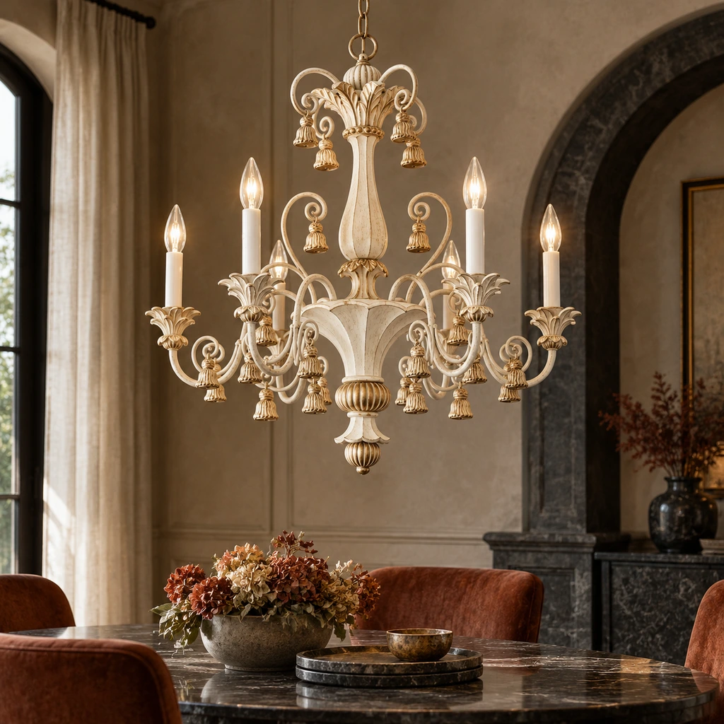 Bellamy six-light carved ivory chandelier in a boutique dining lounge