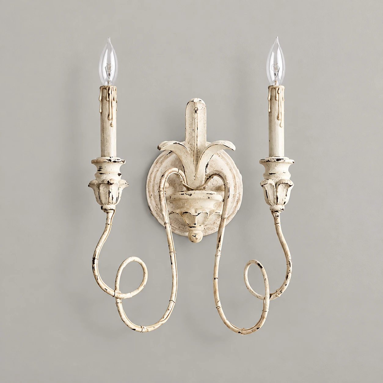 Cassia baroque scroll wall sconce in white aged finish