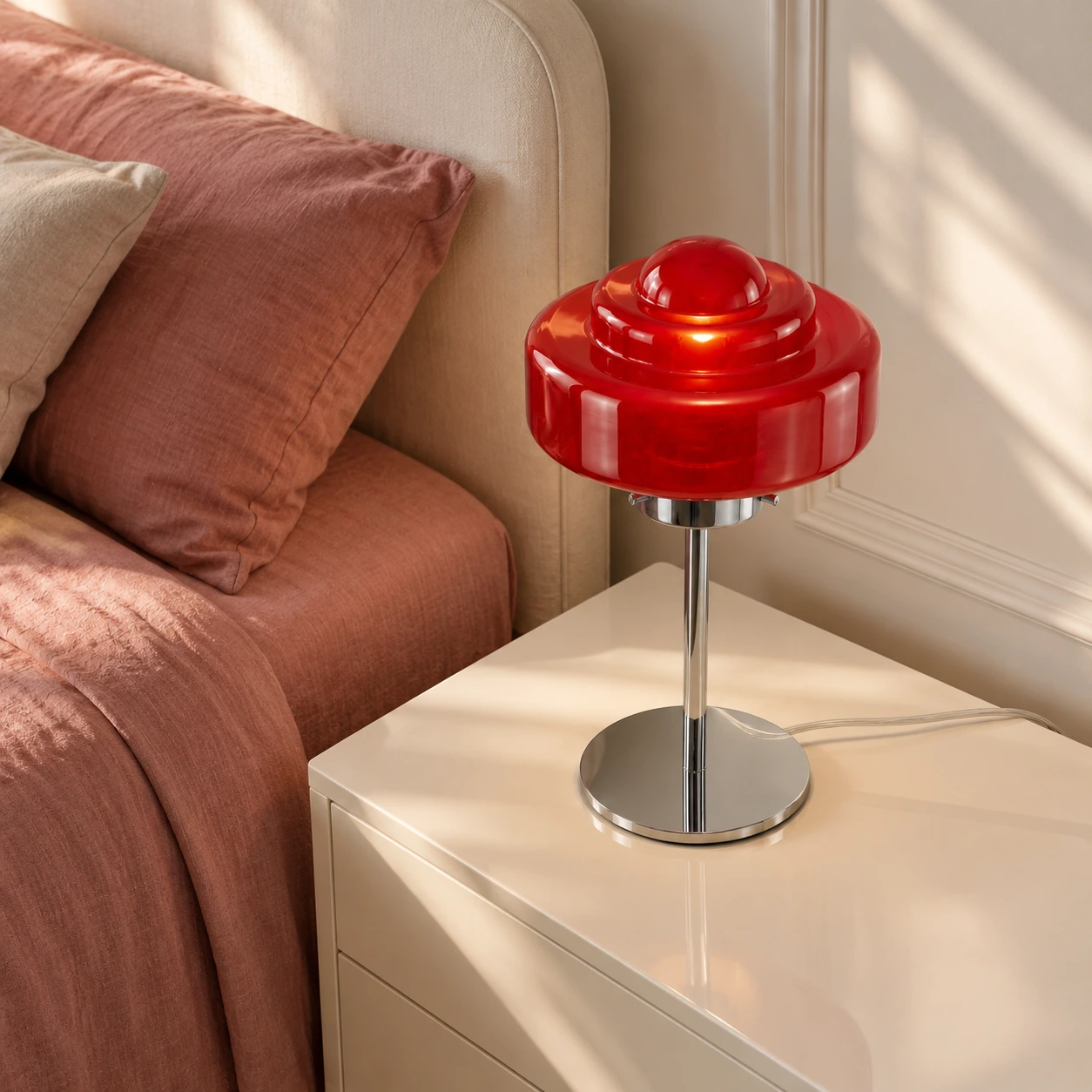 Red glass table lamp beside a bed