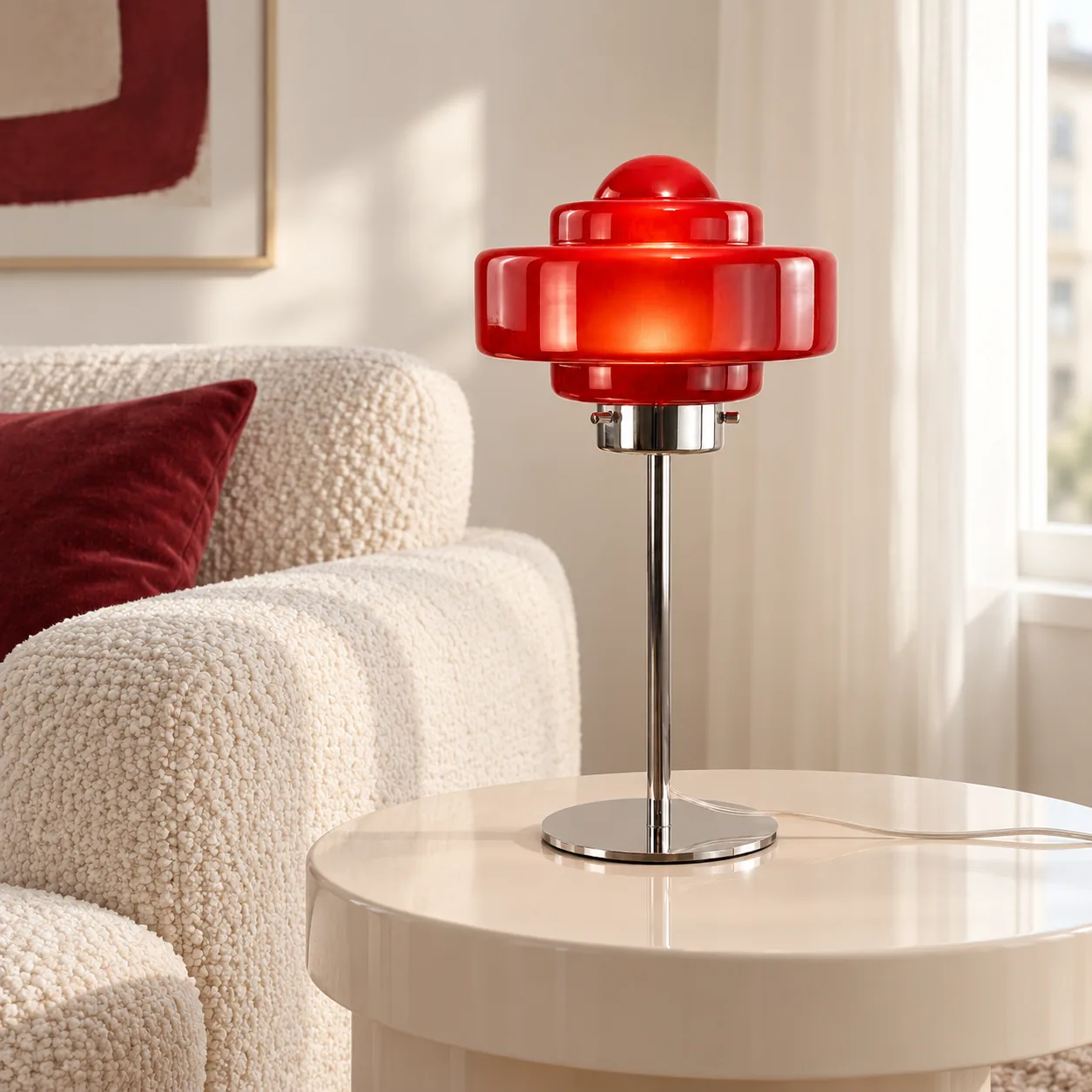 Red glass table lamp in a living room