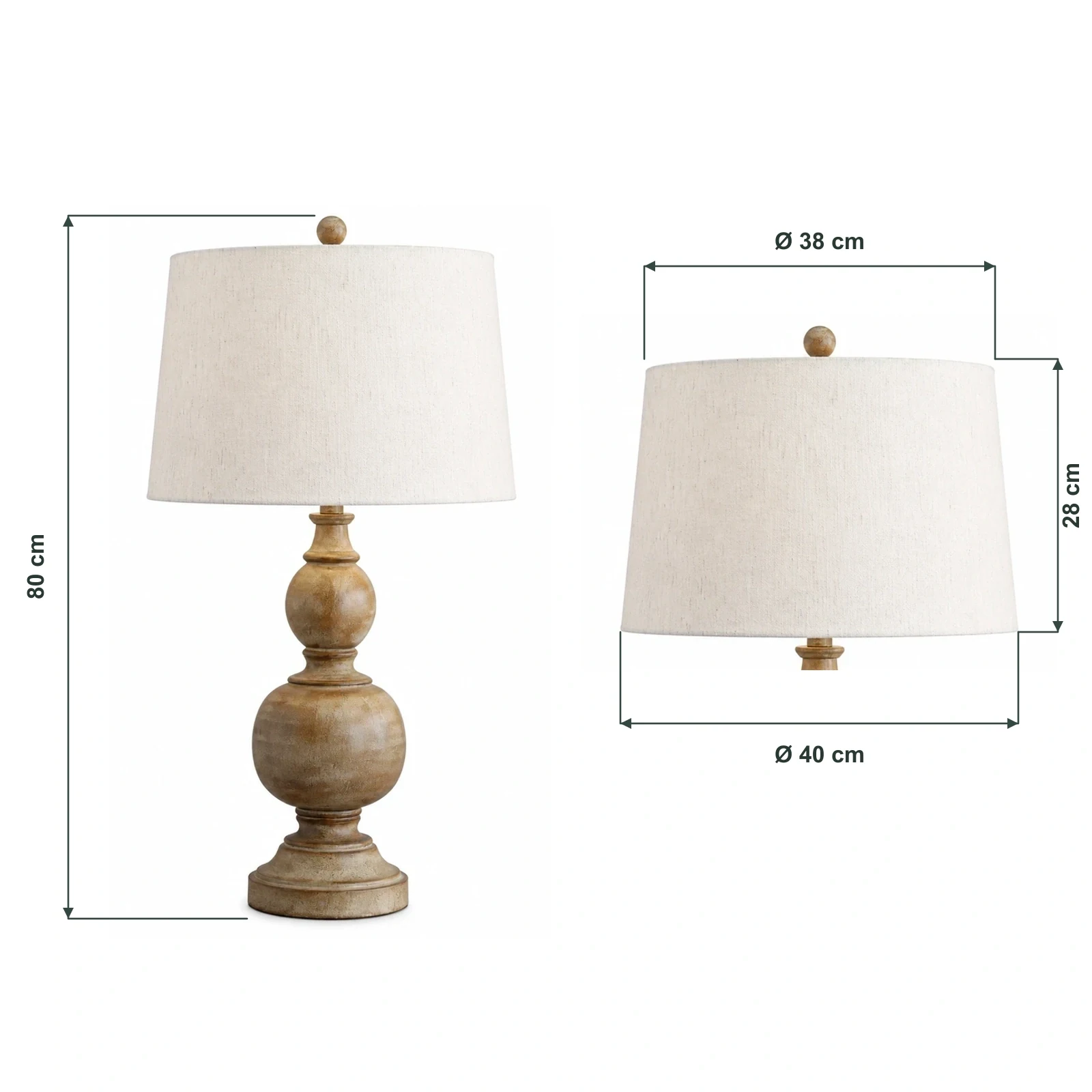 Dimension diagram showing overall height 80 cm, shade height 28 cm, upper diameter 38 cm and lower diameter 40 cm