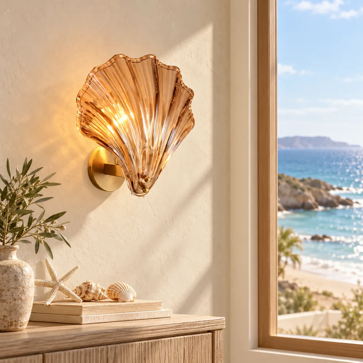 Vale shell wall light on a wall with a beach view and seashell accents