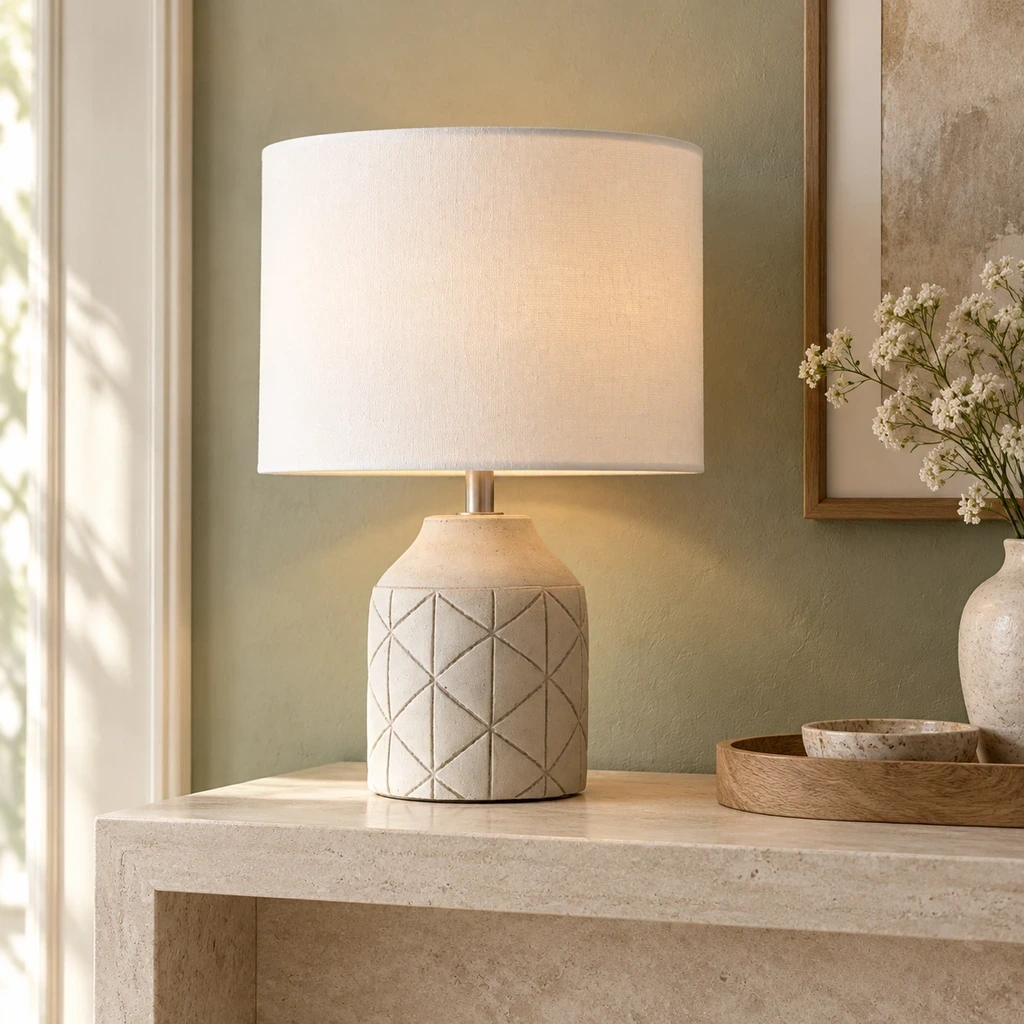 Merritt Geometric Carved Wood Table Lamp with White Drum Shade on a pale limestone entry console