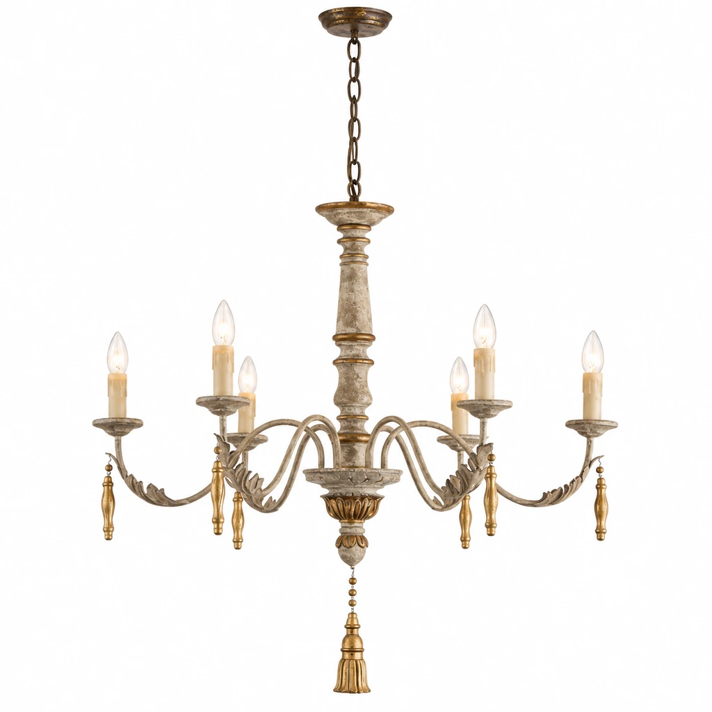 Colette six-light antique candle chandelier on a white background