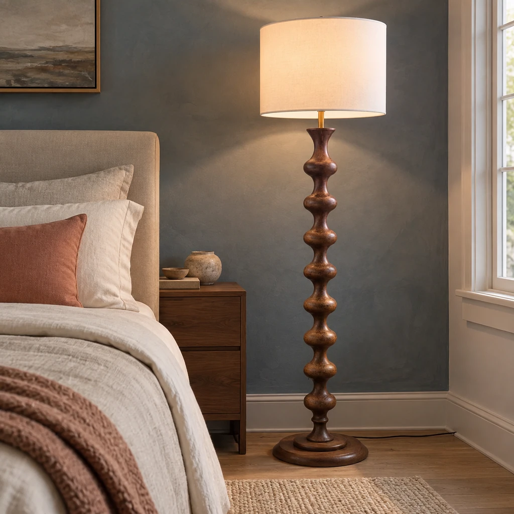 Avery sculpted walnut wood floor lamp beside an upholstered bed