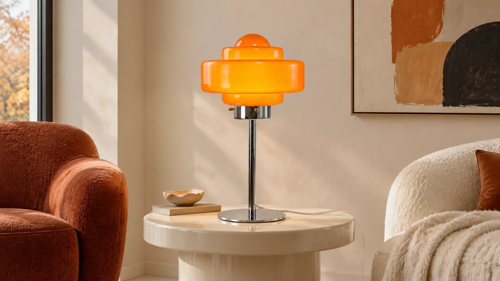 Orange glass table lamp in a living room