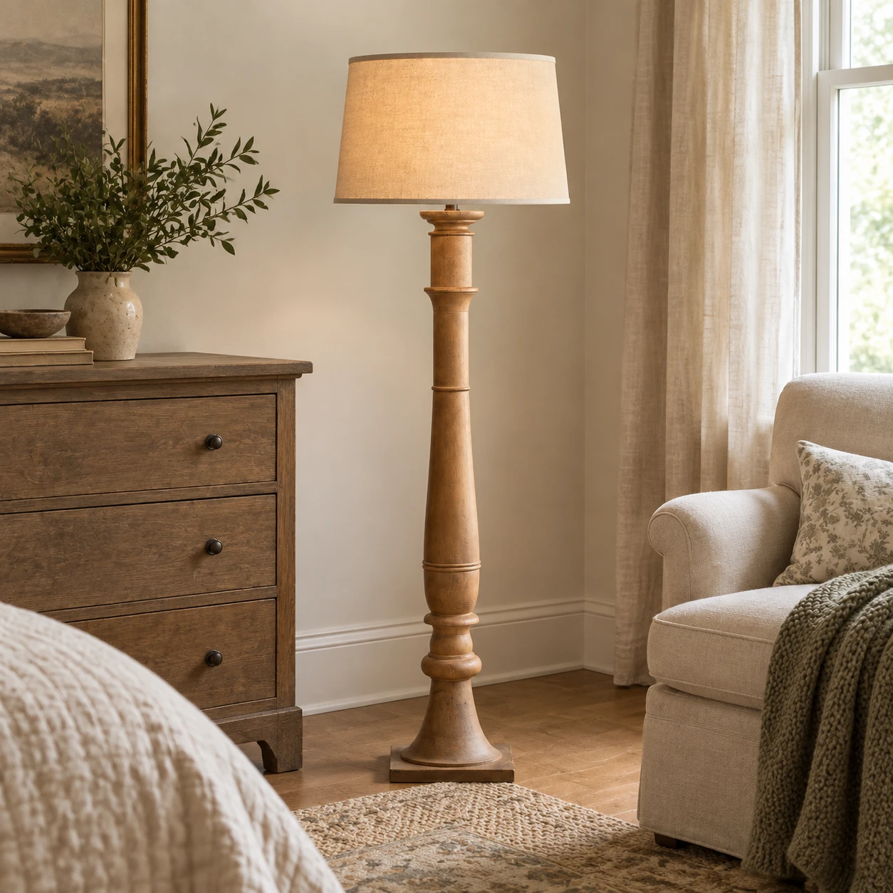 Vera Rustic Carved Wood Floor Lamp in a residential interior