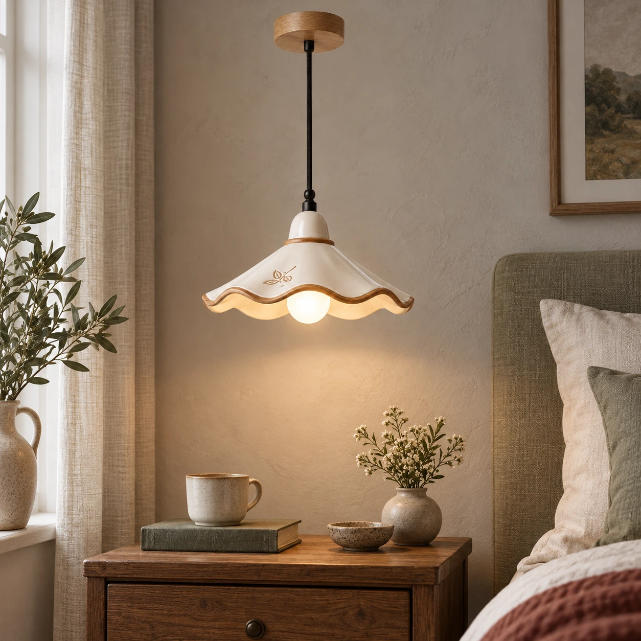 Eliseo French Vintage Scalloped Ceramic and White Ash Wood Pendant Light in a bedroom