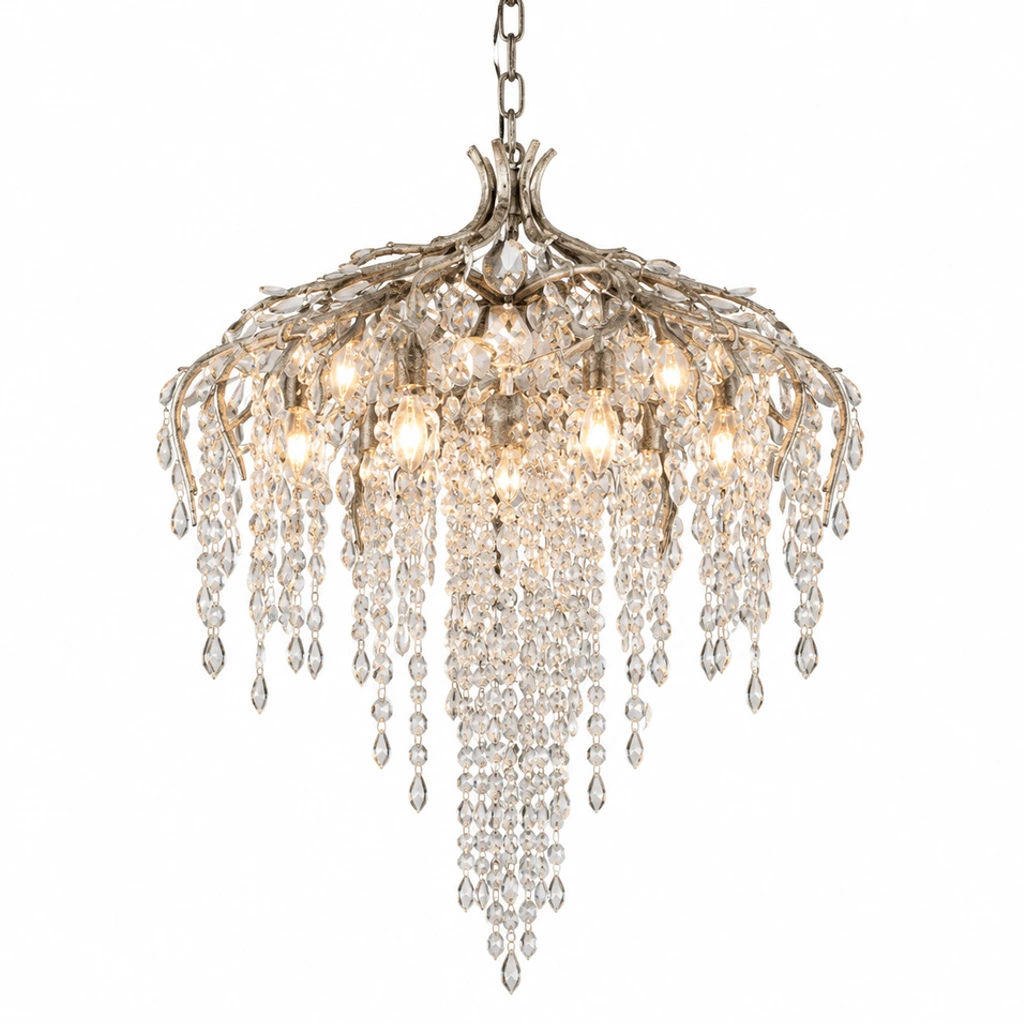 Seraphina aged-silver crystal cascade chandelier on a white background