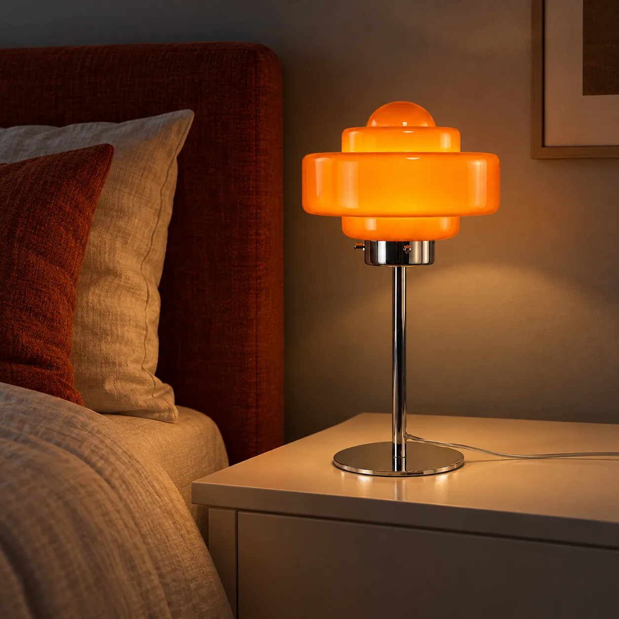 Orange glass table lamp at night