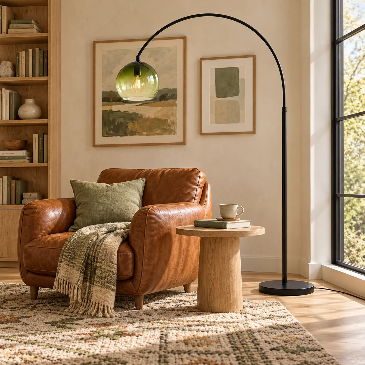 Floor lamp over a leather lounge chair