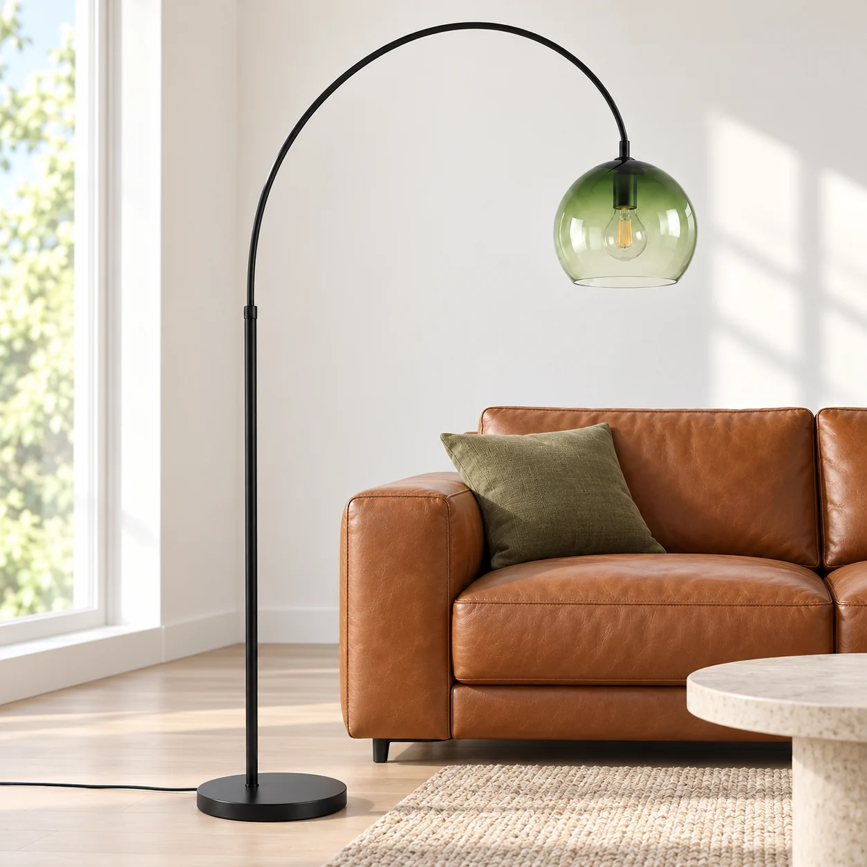 Floor lamp beside a leather sofa