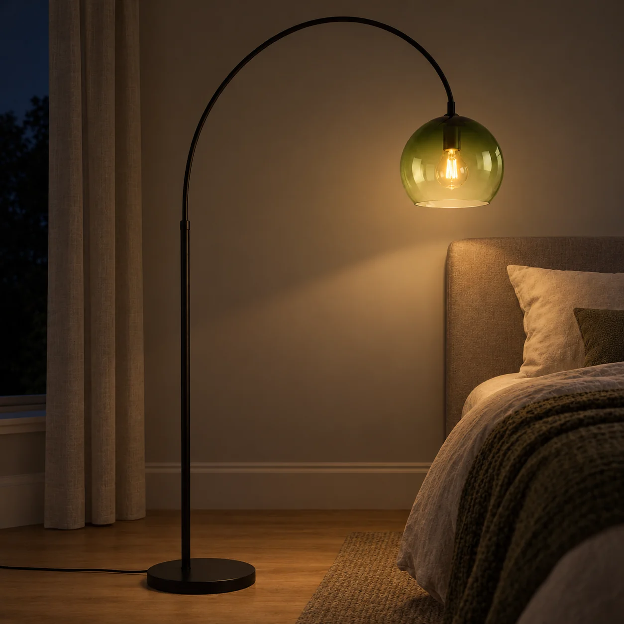 Floor lamp glowing at night