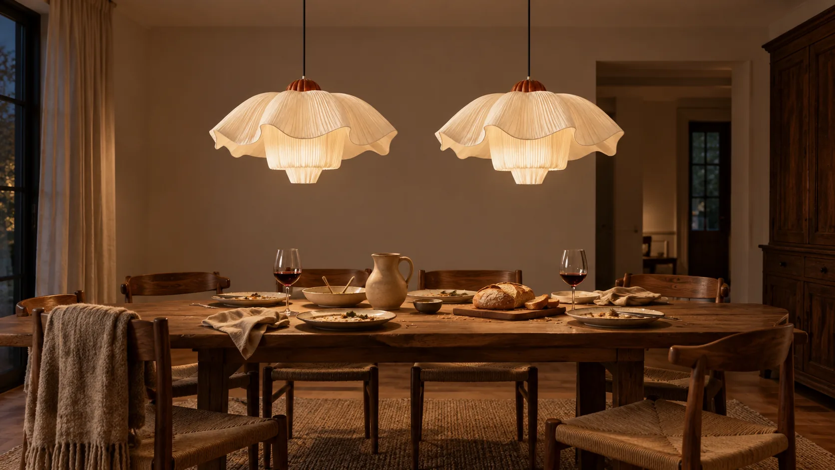 Two ivory pleated pendants in one dining scene