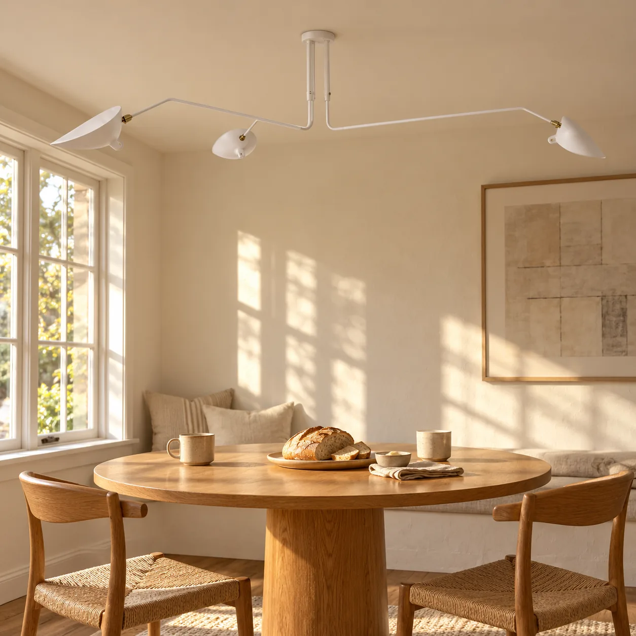 White linear ceiling light above a dining table