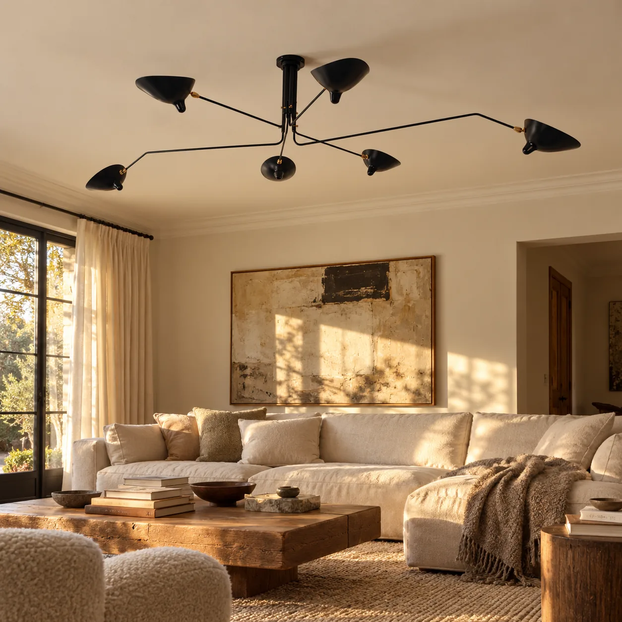 Black 6-arm ceiling light in a living room