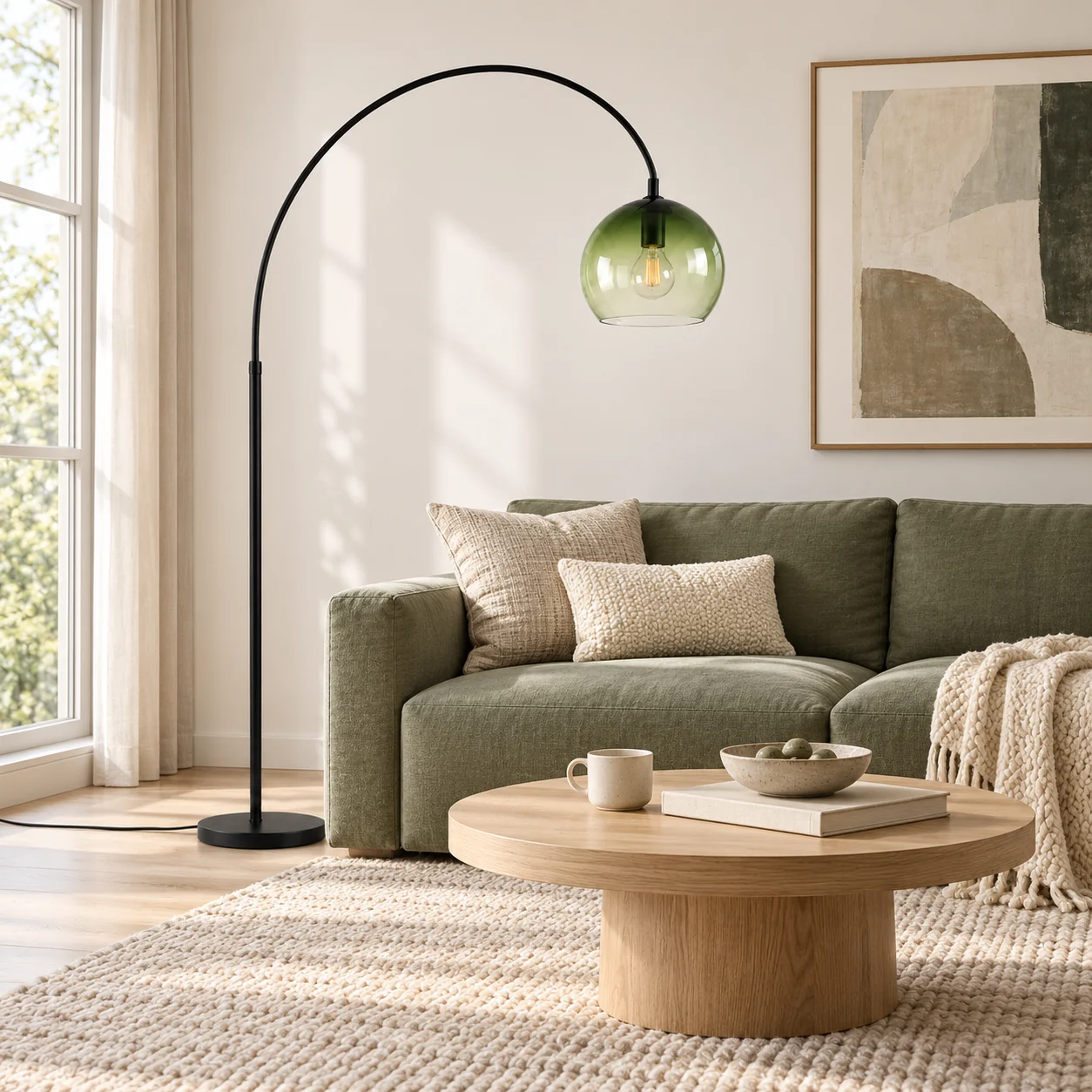 Floor lamp beside a sage sofa and coffee table