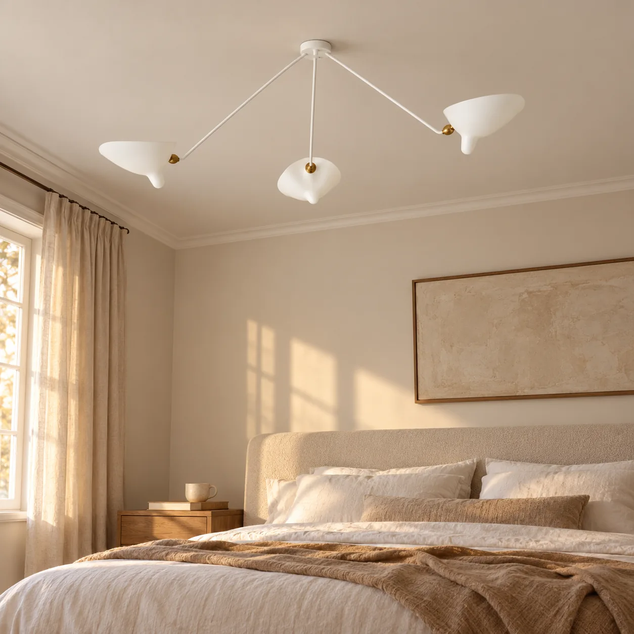 White 3-arm ceiling light in a cream bedroom