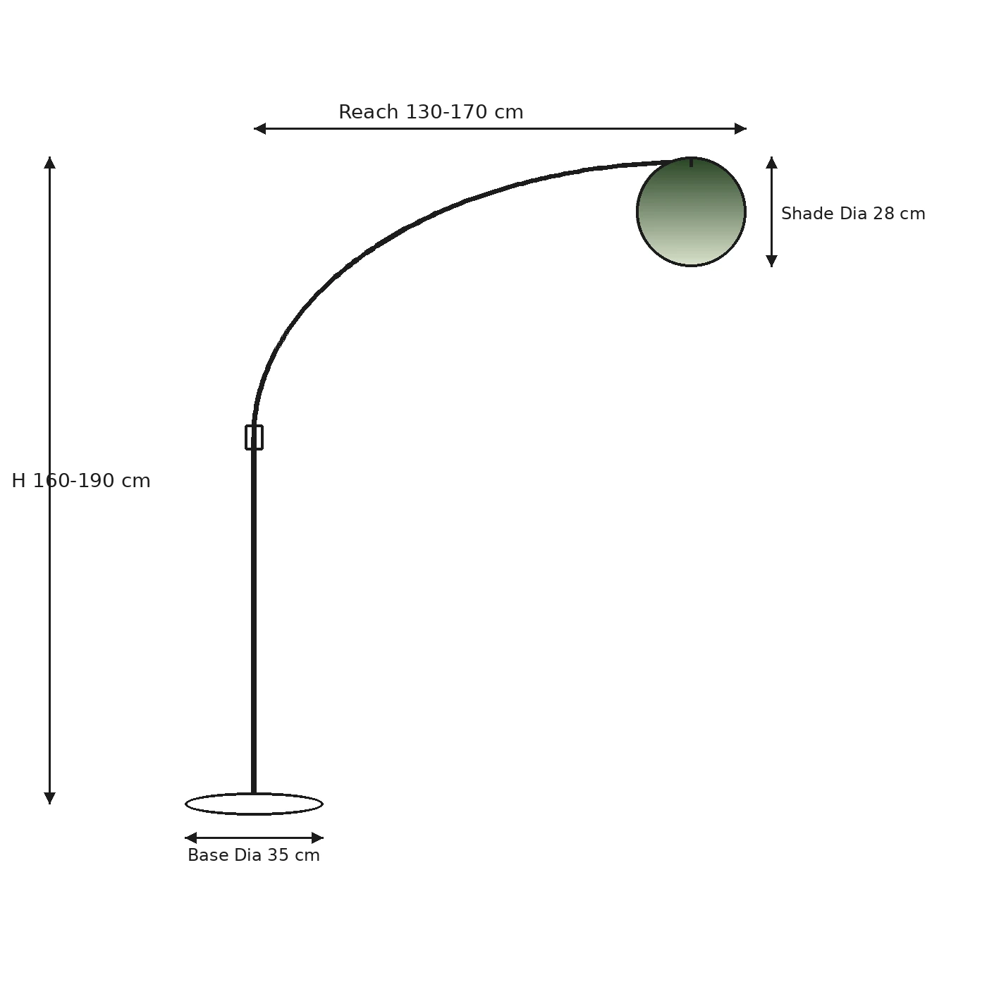 Dimension drawing, H 160-190 cm, reach 130-170 cm