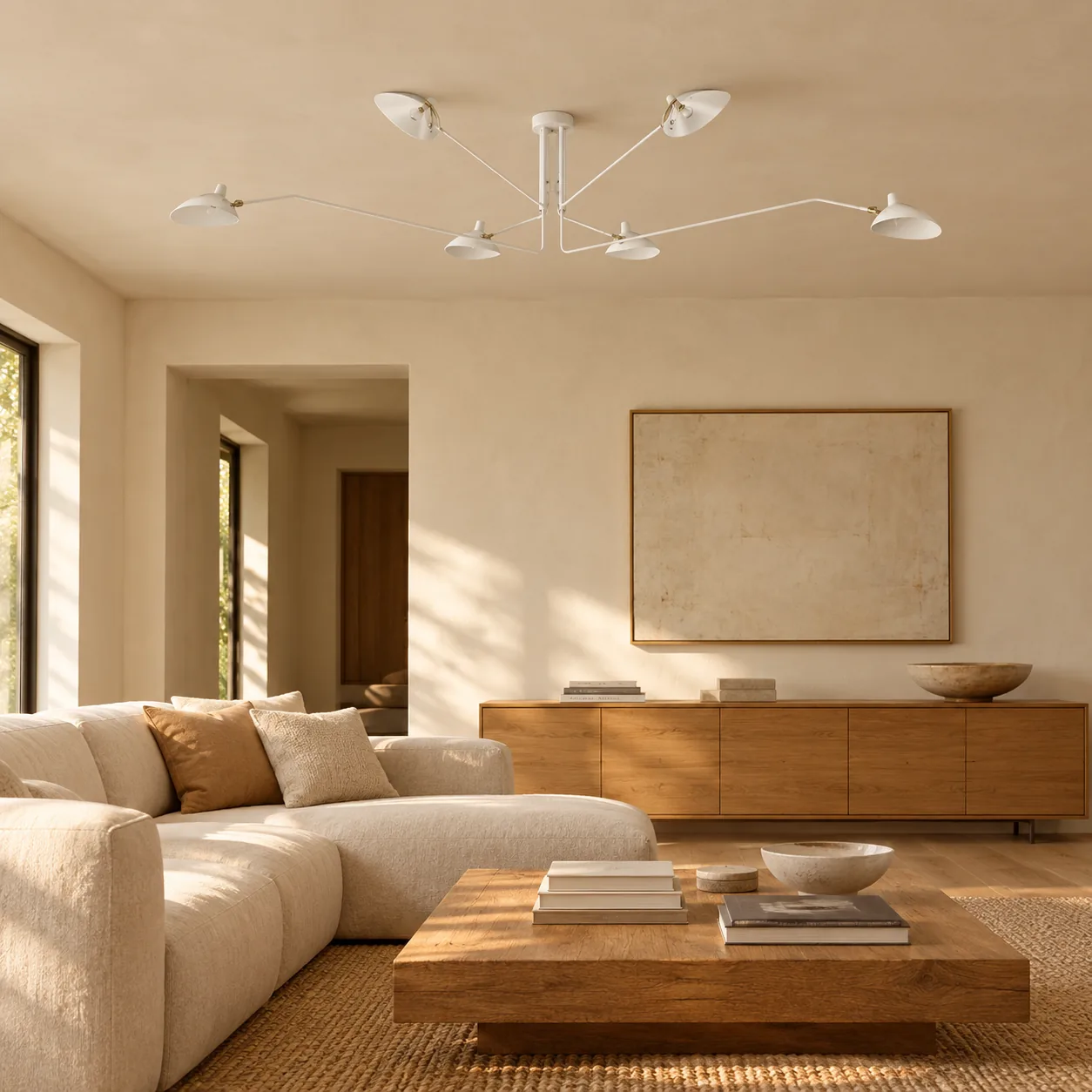 White 6-arm ceiling light in a quiet salon