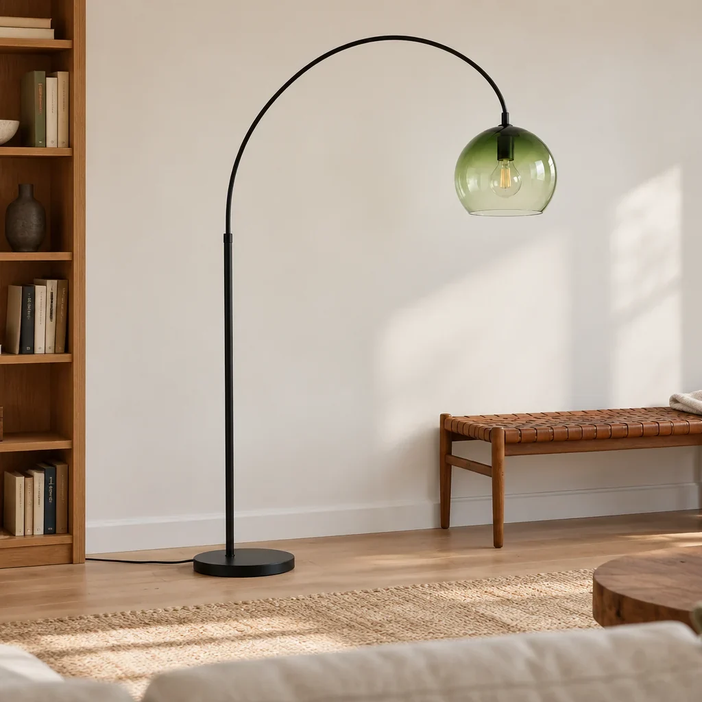 Floor lamp beside a bookcase