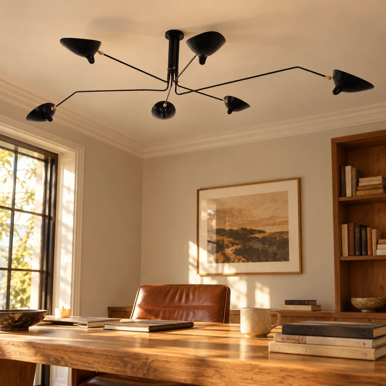 Black 6-arm ceiling light in a studio