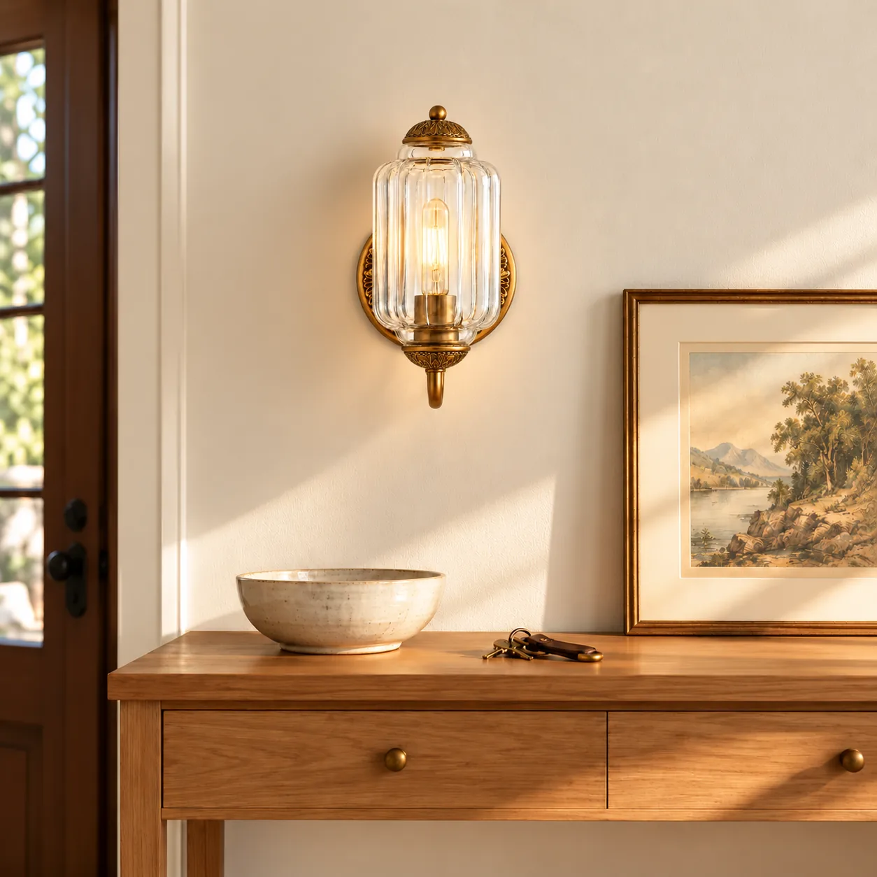 One clear Eloise wall sconce, flush-mounted in an entry