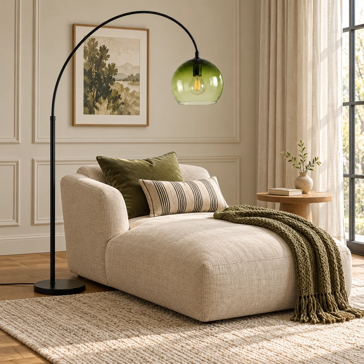 Floor lamp over a linen chaise