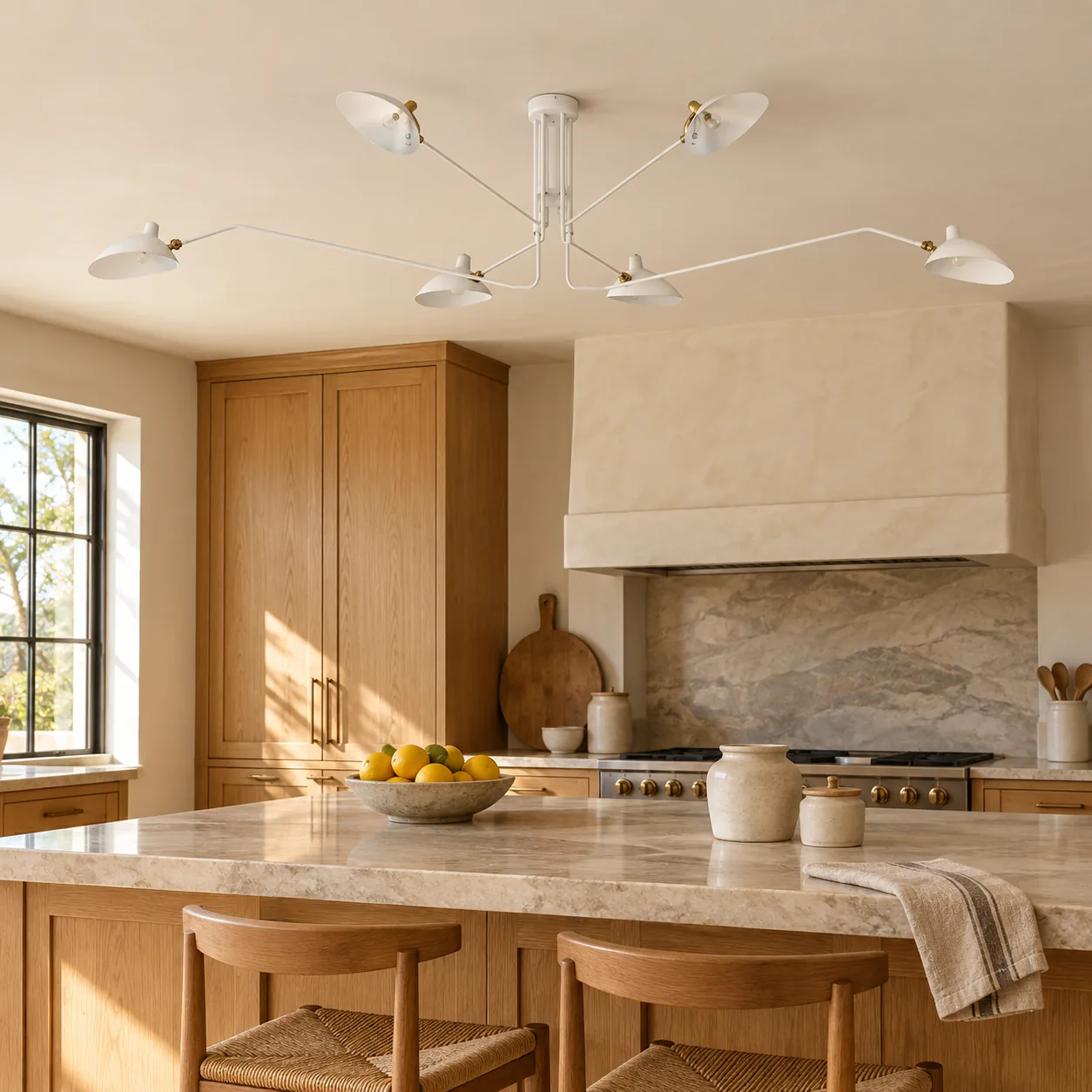 White 6-arm ceiling light in a kitchen