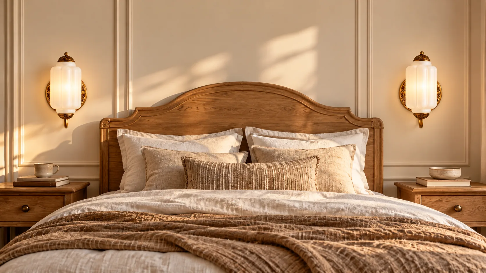 Two warm-white Eloise sconces, flush-mounted on both sides of an oak headboard