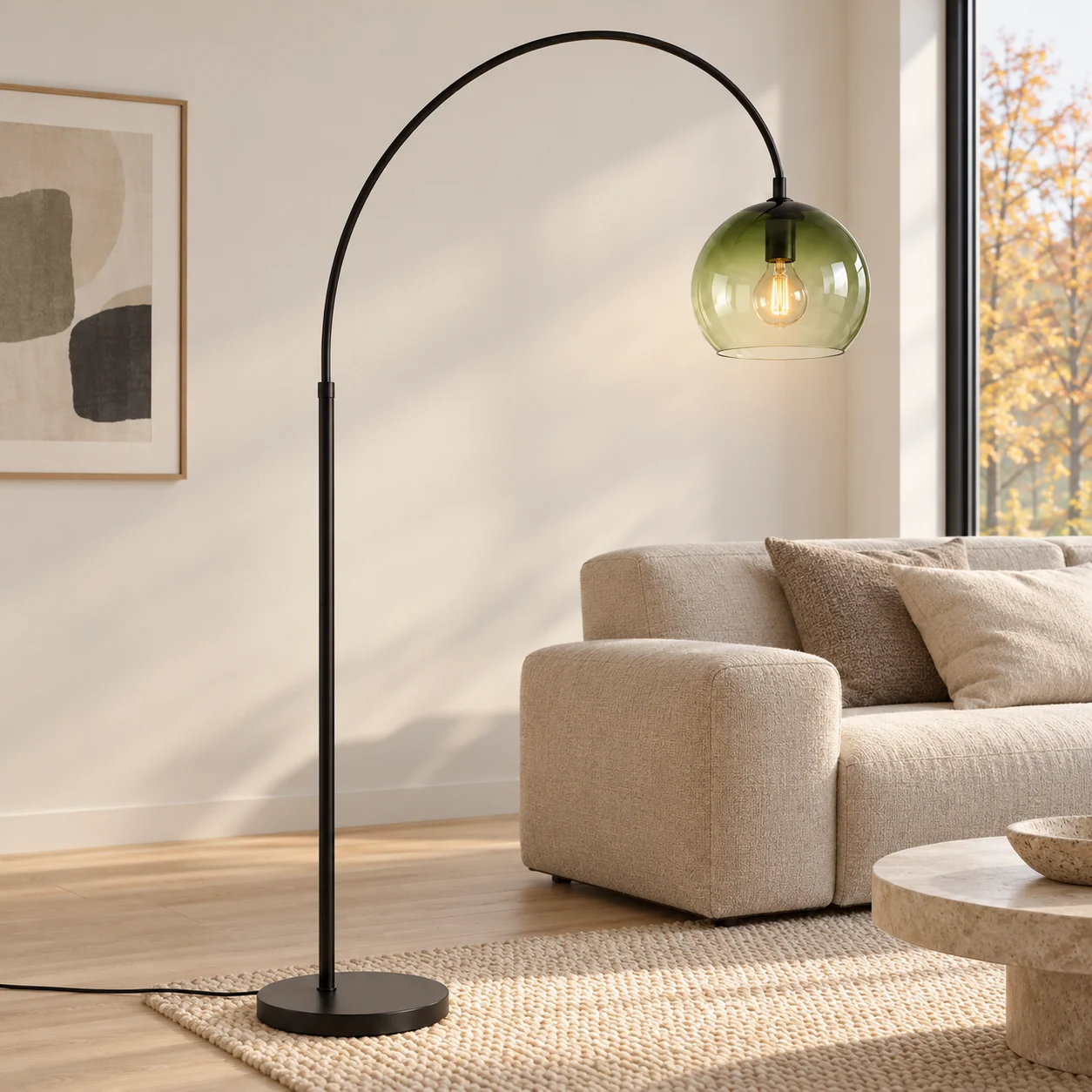 Arched green glass floor lamp in a bright living room
