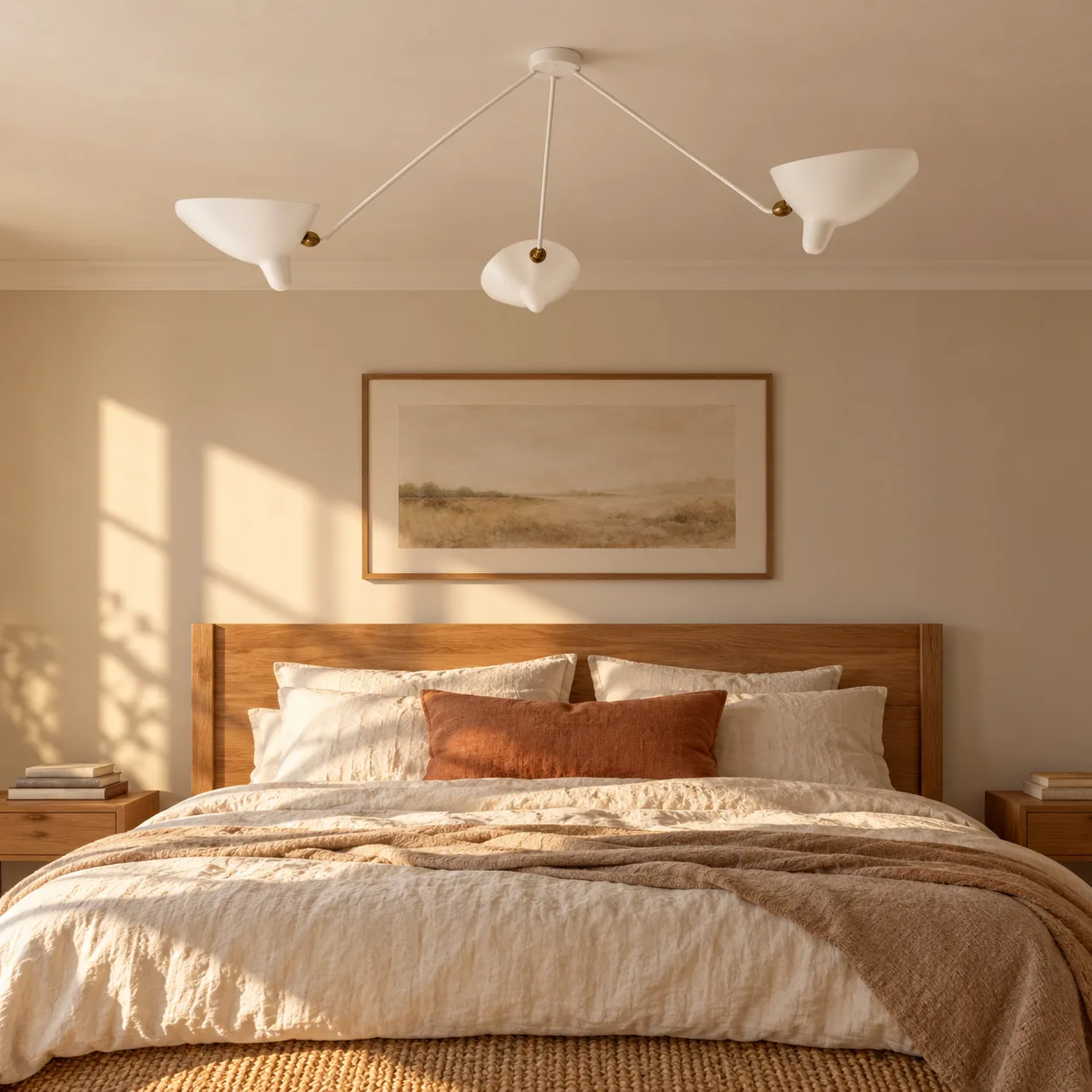 White 3-arm ceiling light above a bed