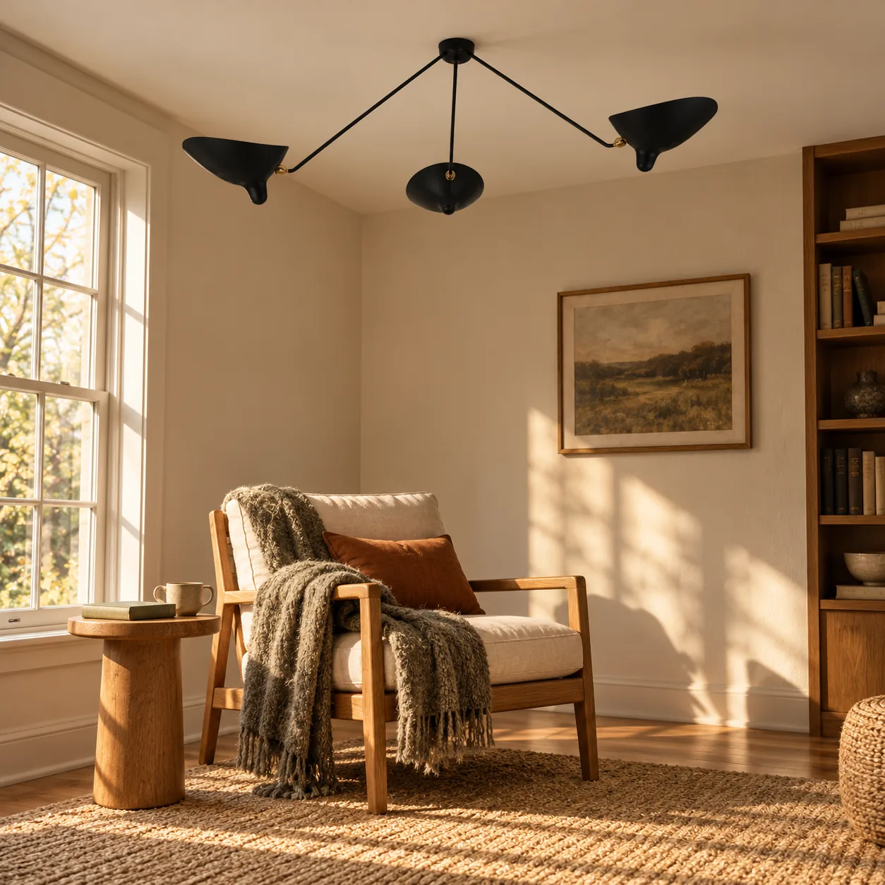 Black 3-arm ceiling light in a reading corner