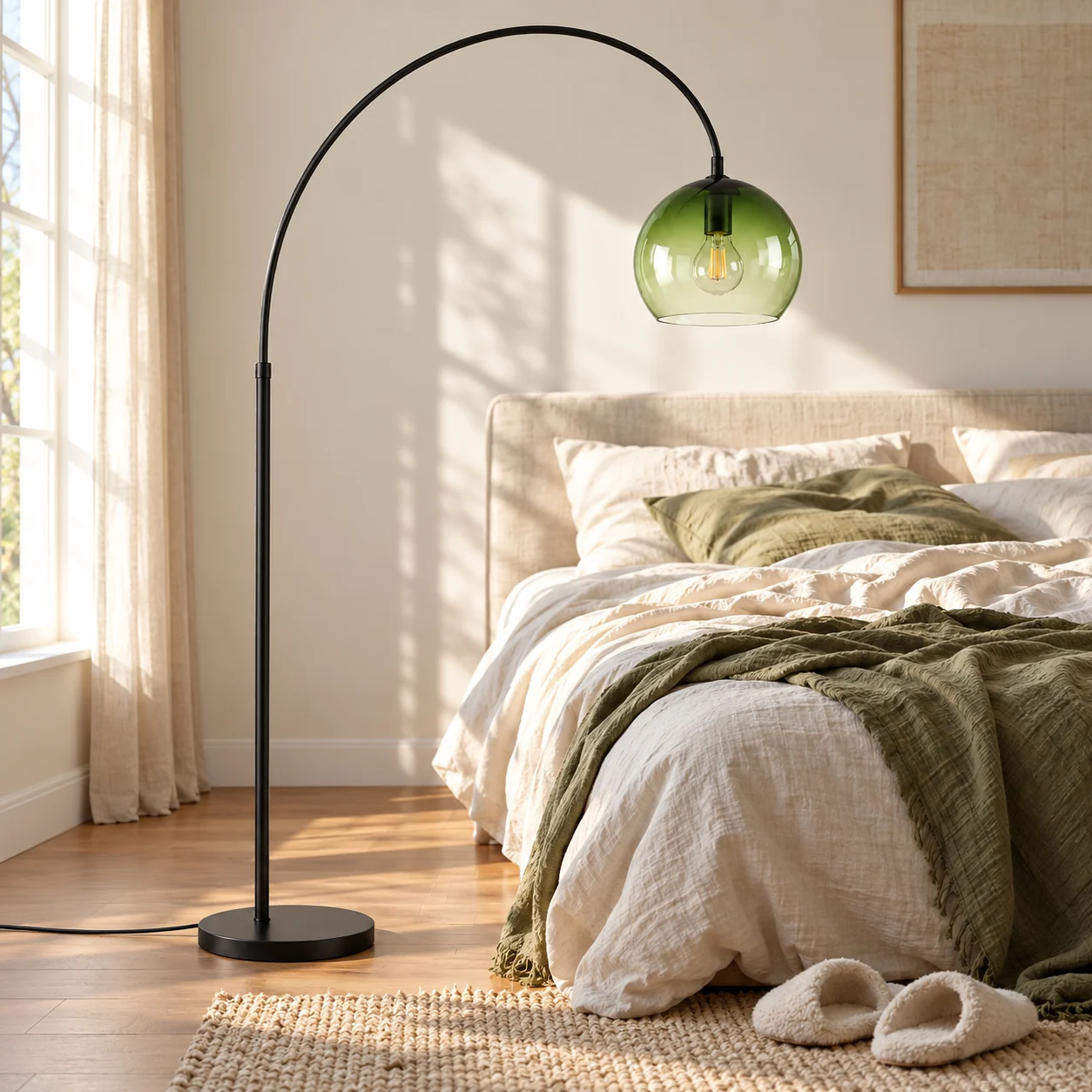 Floor lamp at the foot of a bed