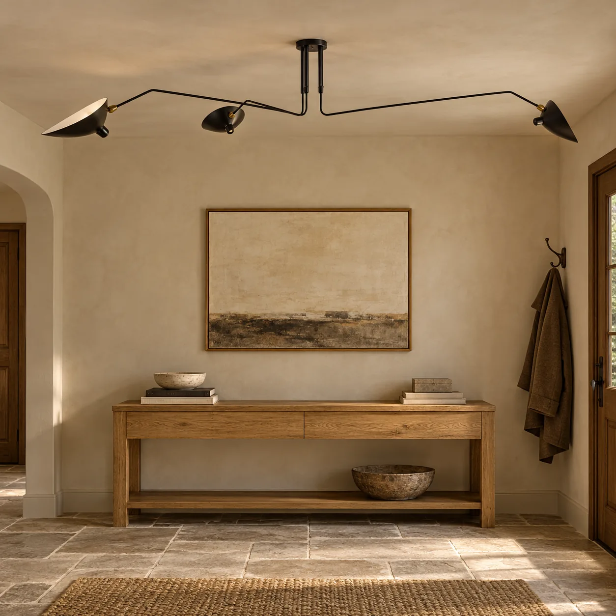 Black linear ceiling light in an entry