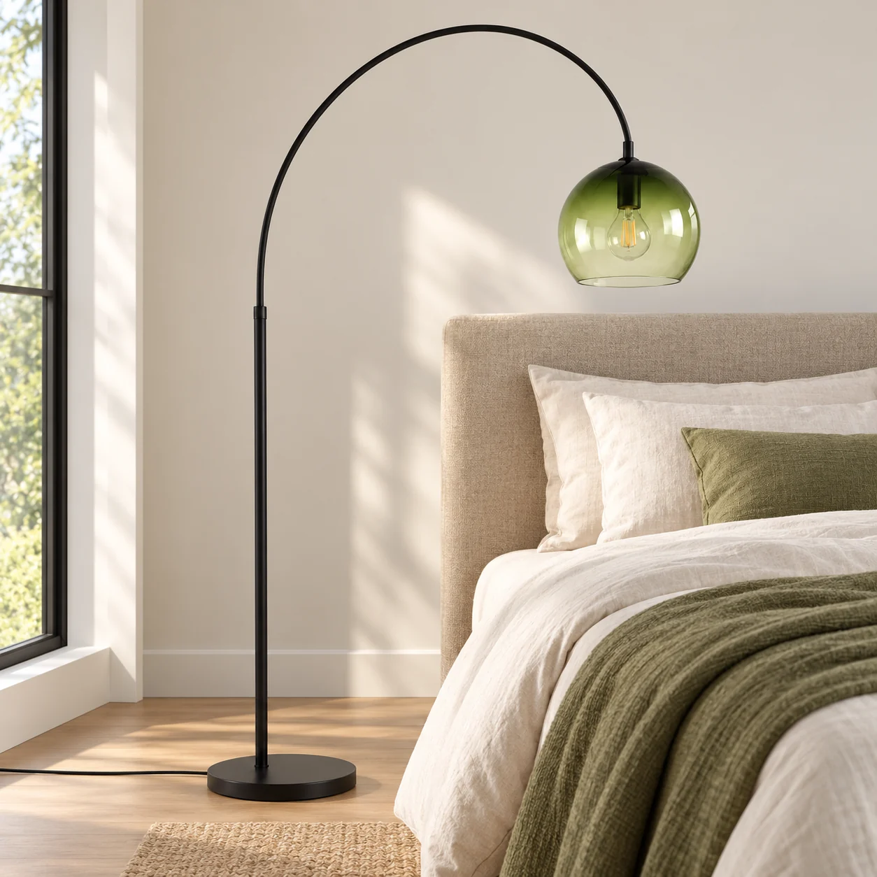 Floor lamp beside a bed