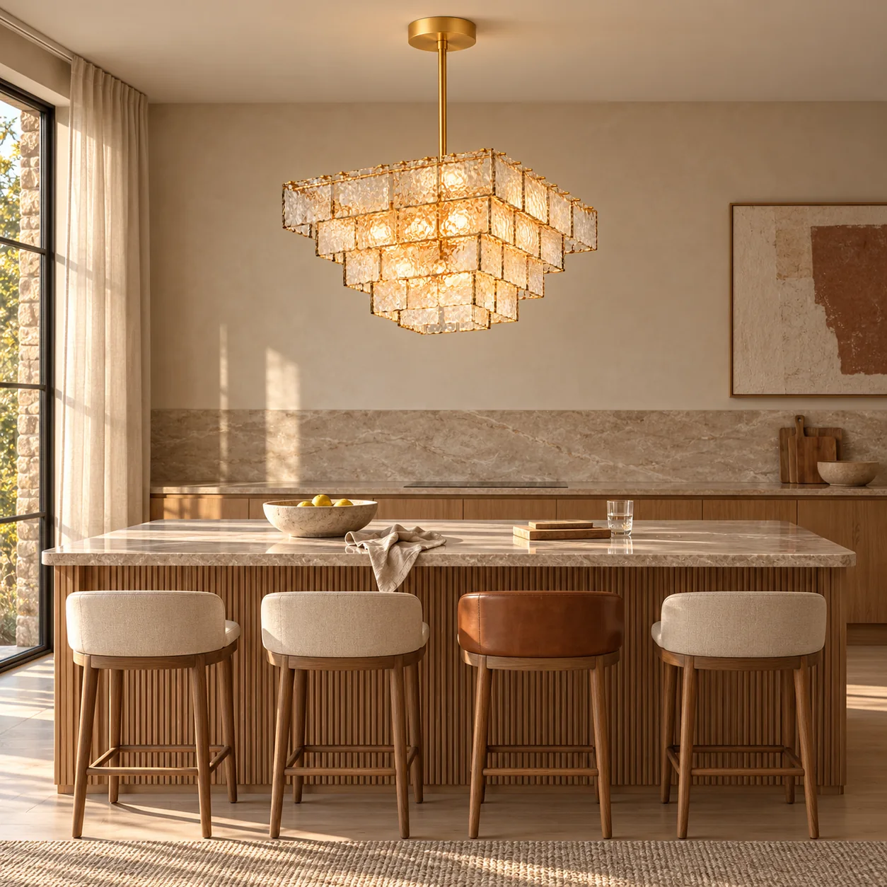 Square glass chandelier centered over a kitchen island