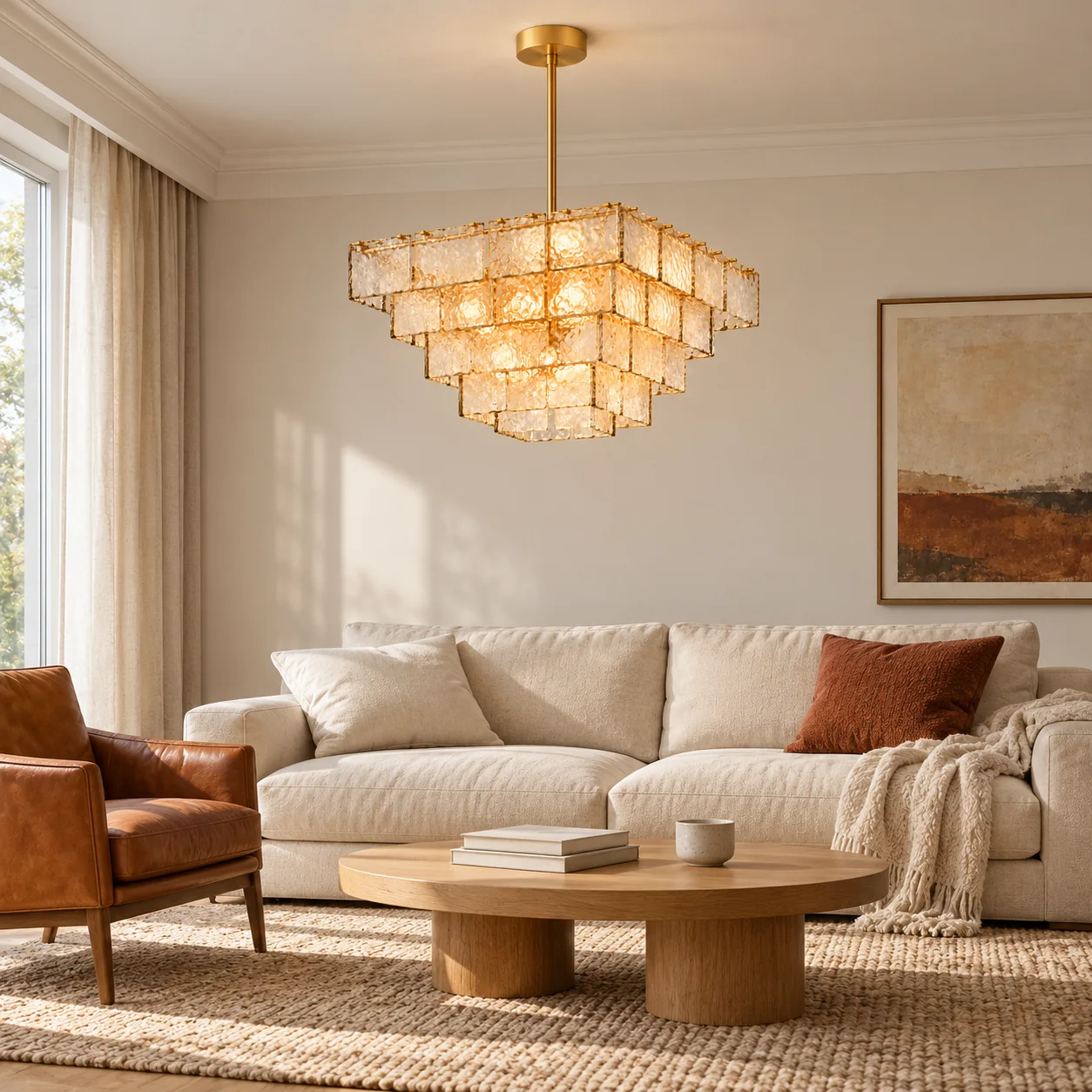 Stacked glass chandelier above a sofa and cognac chair