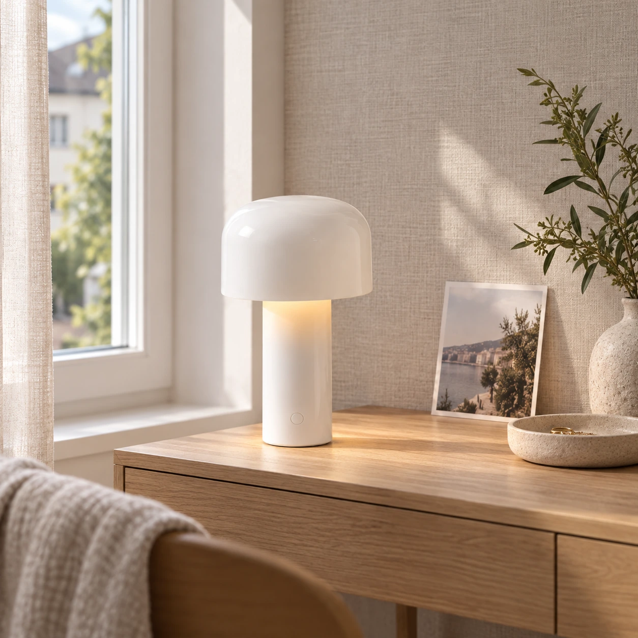 White table lamp on a bright dressing table by a window
