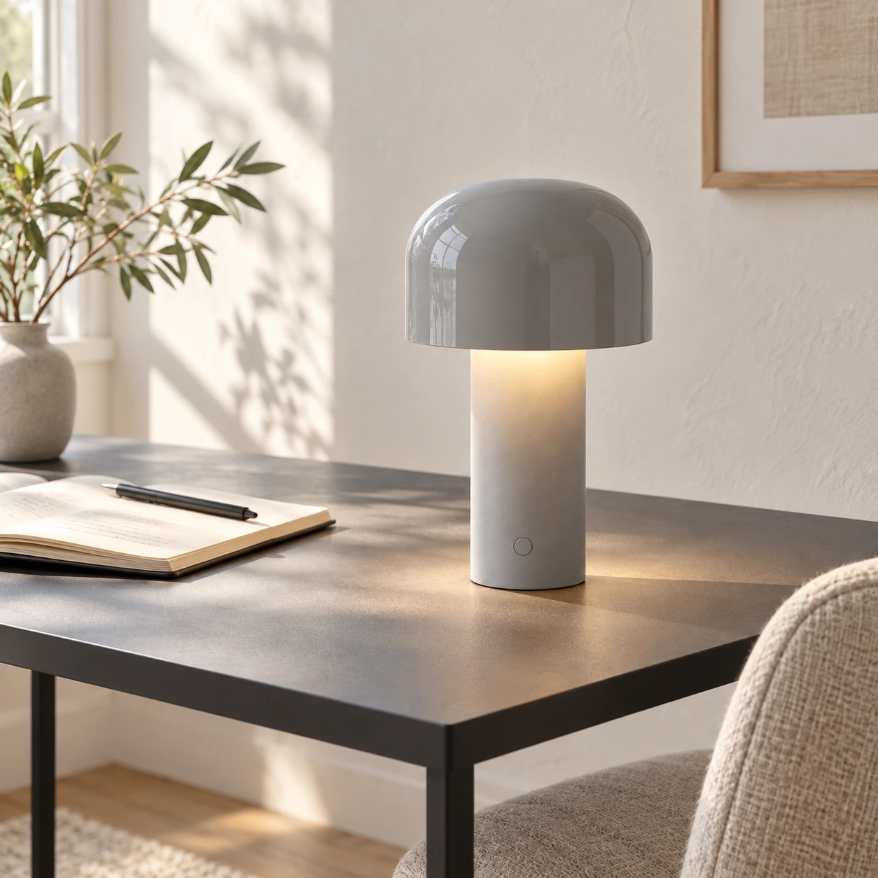Grey rechargeable table lamp on a writing desk beside an open notebook