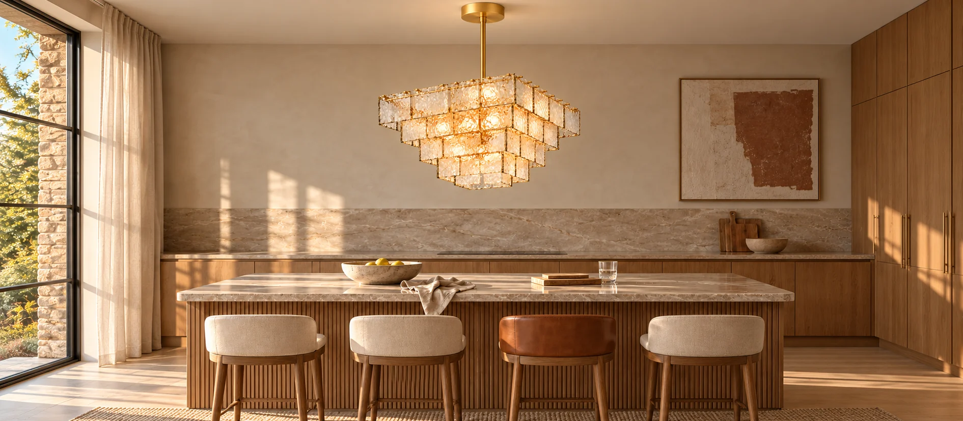 Square glass chandelier centered over a kitchen island