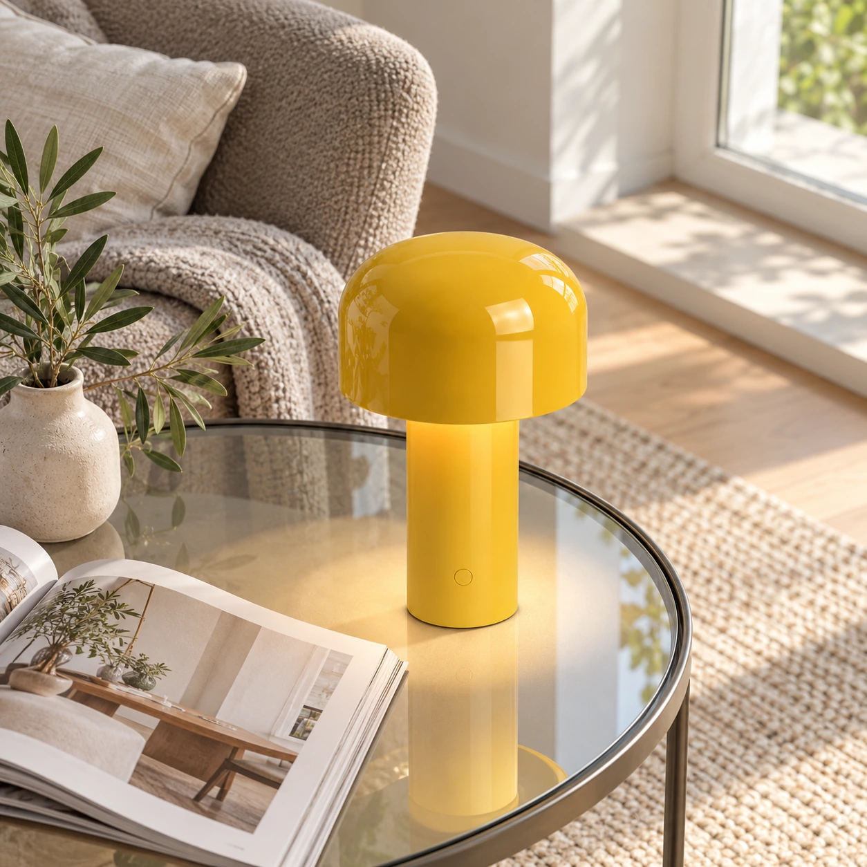 Yellow table lamp on a glass side table beside a reading chair