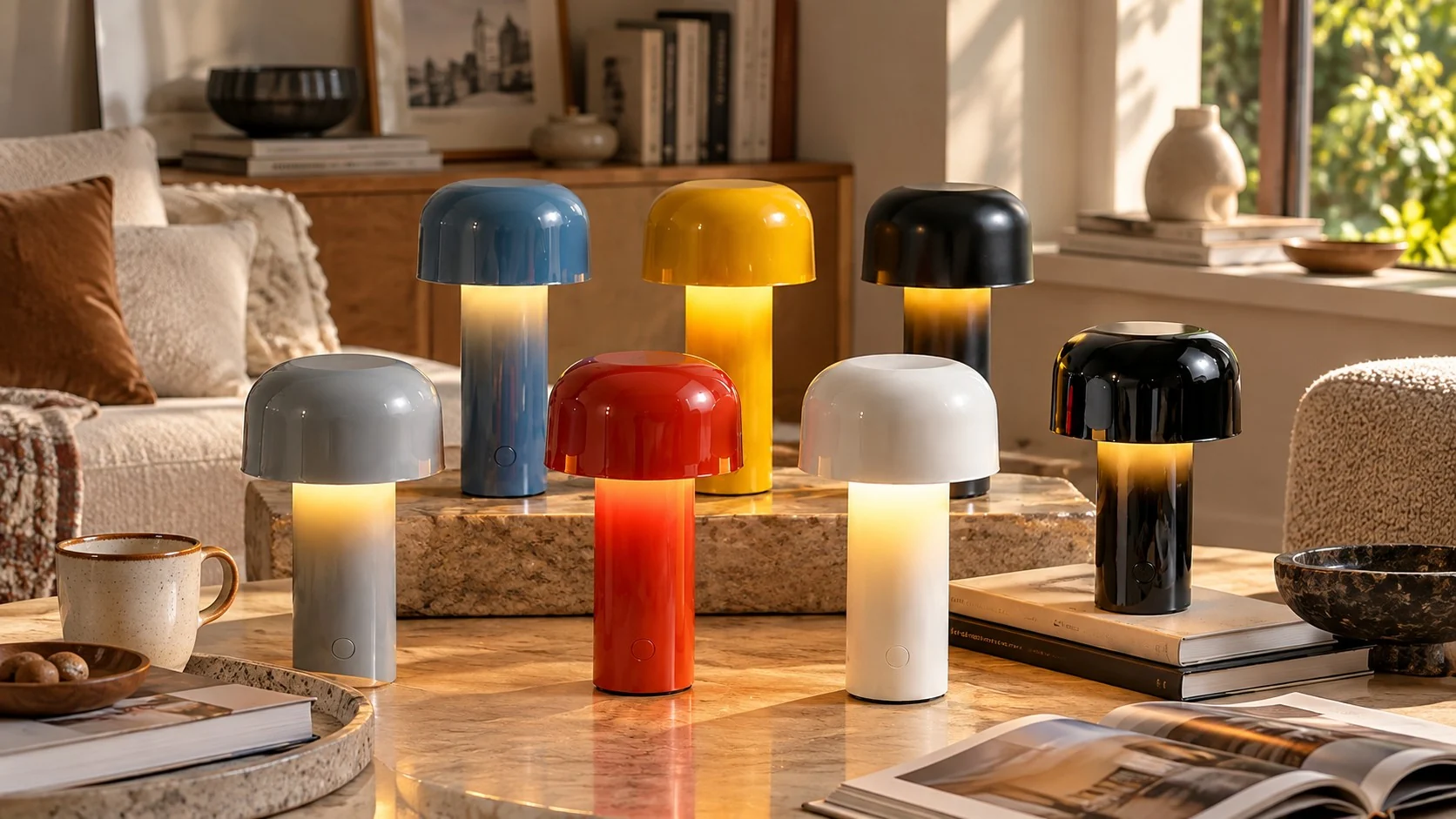 Seven rechargeable dome table lamps in white, grey, red, yellow, blue, matte black and glossy black on a living-room table