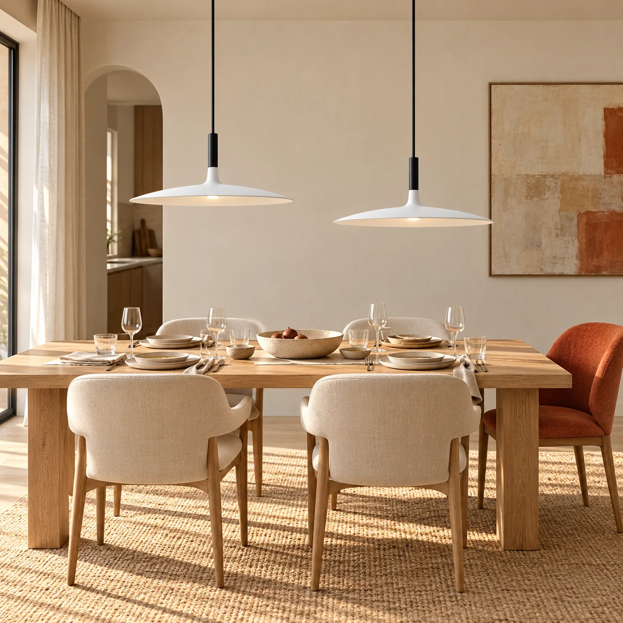 Two white disc pendants over a dining table